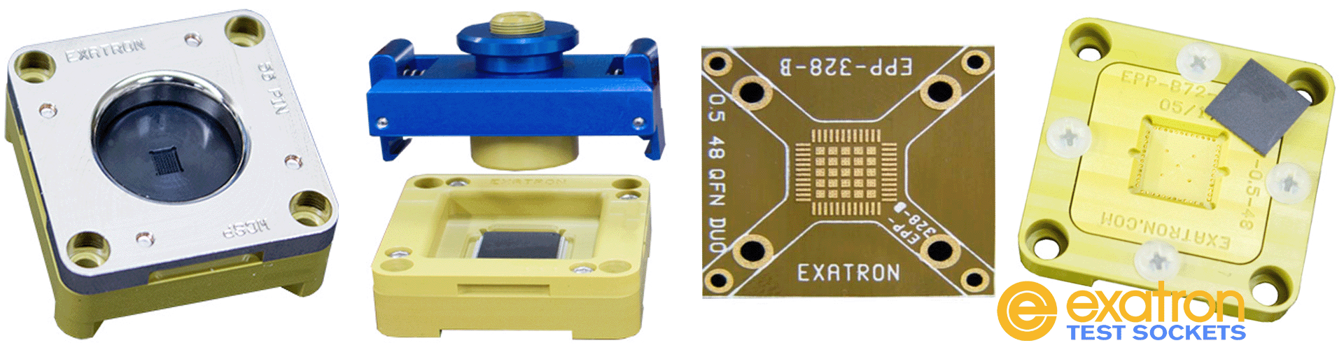 Exatron custom and standard IC device Test Sockets, spring probes, Particle interconnect